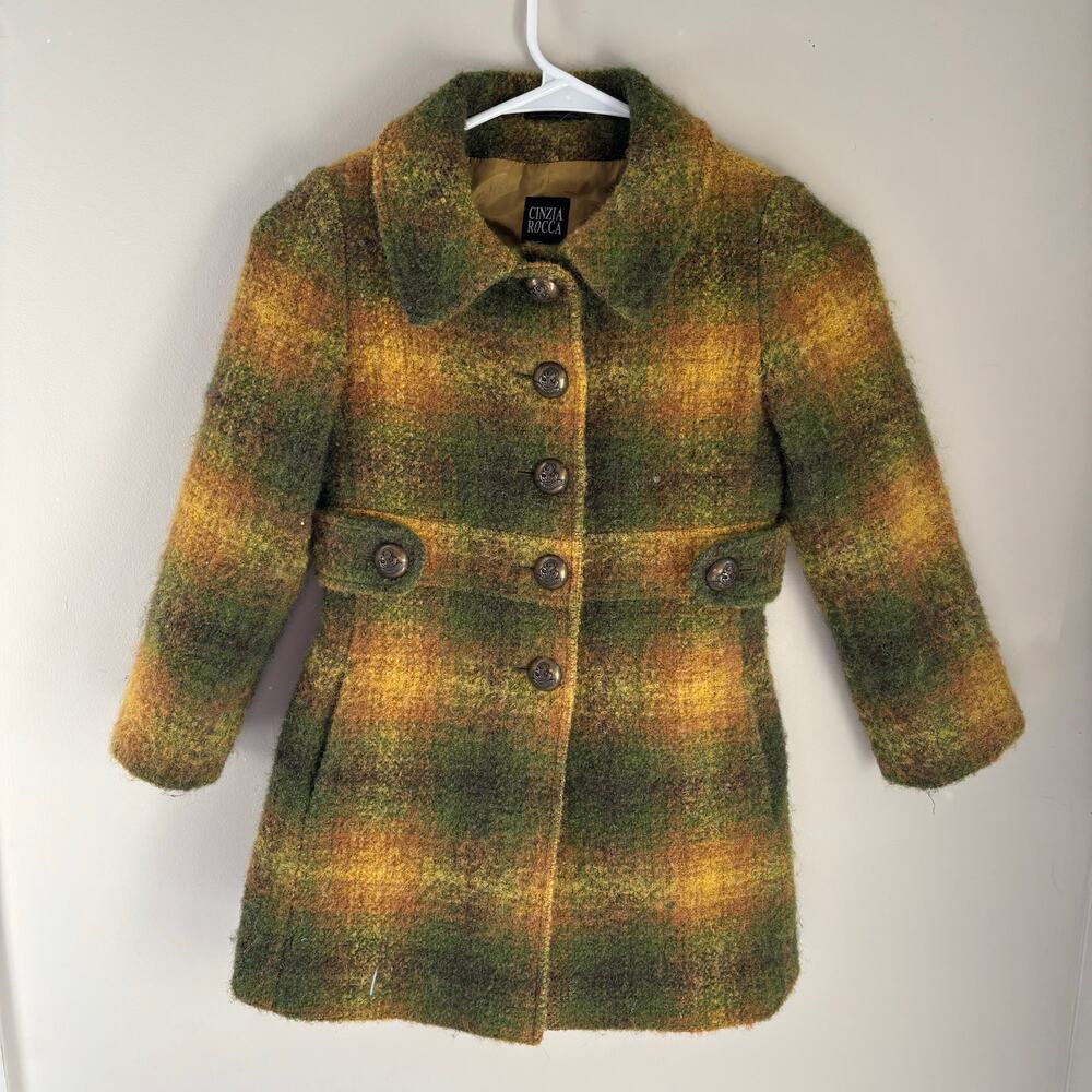 Cinzia Rocca Girls Alpaca Blend Coat Green Yellow Plaid Size 6 Made in Italy